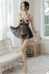 Open Cup Sheer Lace Babydoll with Thong - Sensual Trends