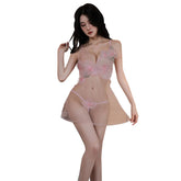 Peach Blossom Lace Sheer Babydoll with Thong