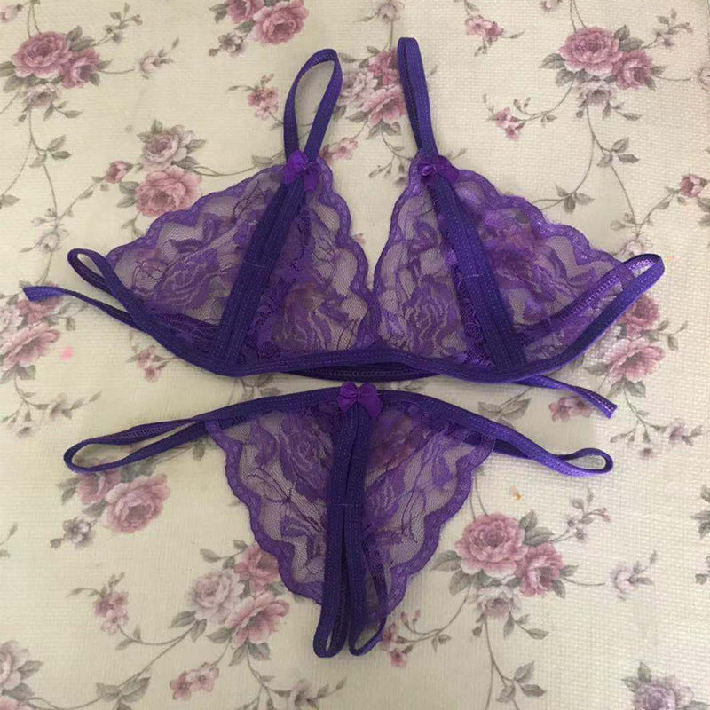 Wicked Unlined Lace Open-Cut Bra and Crotchless Thong Set - Sensual Trends