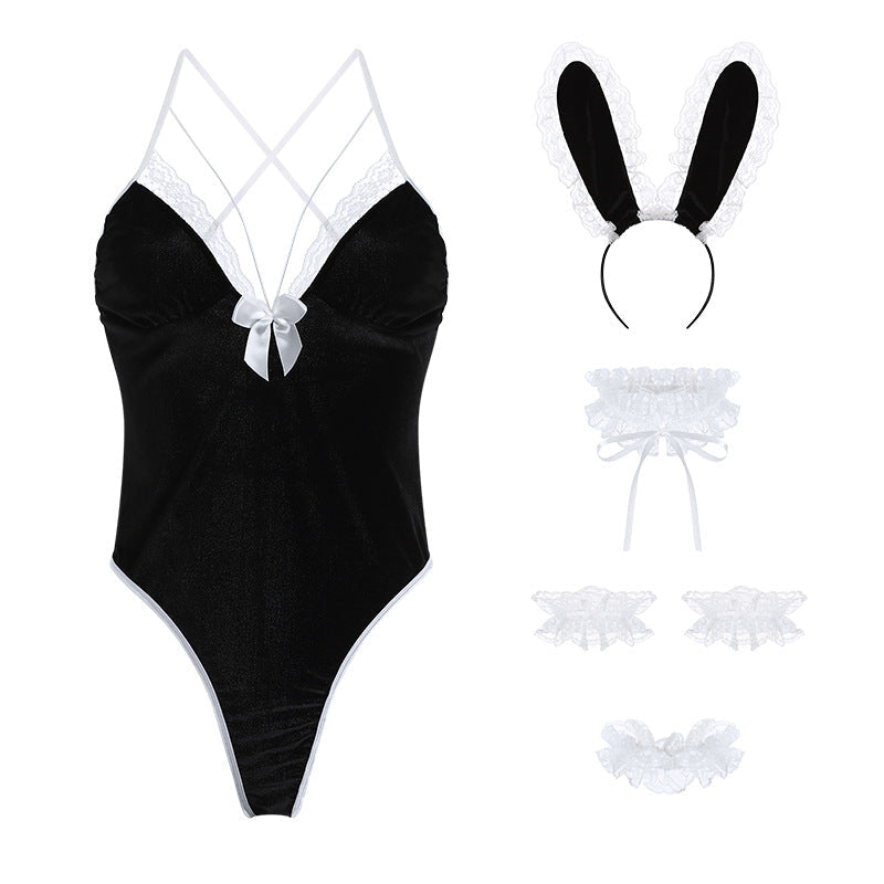 Bunny Girl Velvet Unlined Vintage Lace Crotchless Teddy Set